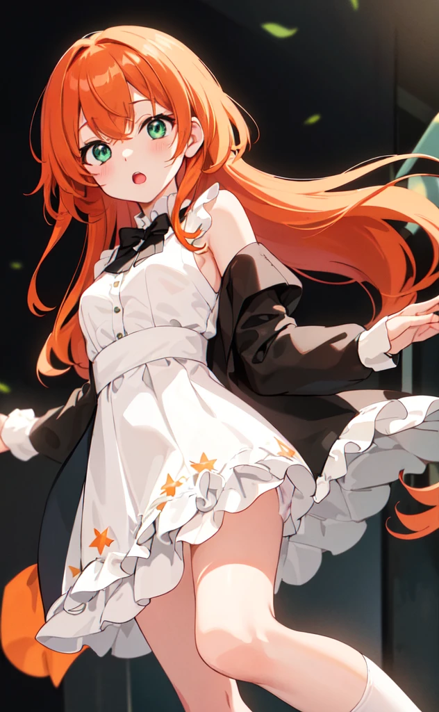 (best quality,high resolution,Beautiful and delicate eyes,White lighting:1.2),Green Eyes, Looking at the audience, Long hair, Orange Hair，leather shoes, Black footwear,White socks， blush, Long sleeve, Bangs, open mouth, Black Hair, Orange Hair, white skirt, Ruffles, skirt