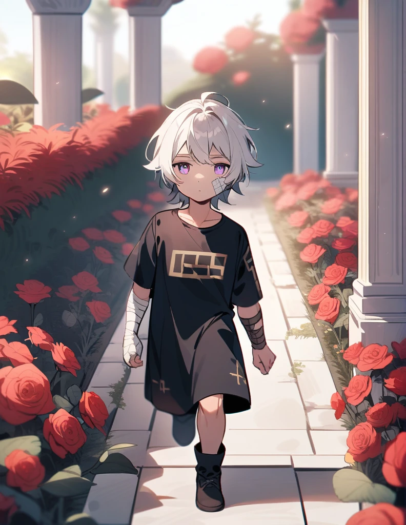 small Greek boy with white hair, violet eyes, wearing an ancient black Greek shirt, with bandages on his face and arm, walking in a red grass garden with rose and marble decorations