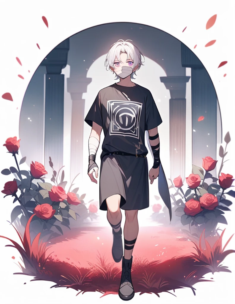 small Greek boy with white hair, violet eyes, wearing an ancient black Greek shirt, with bandages on his face and arm, walking in a red grass garden with rose and marble decorations