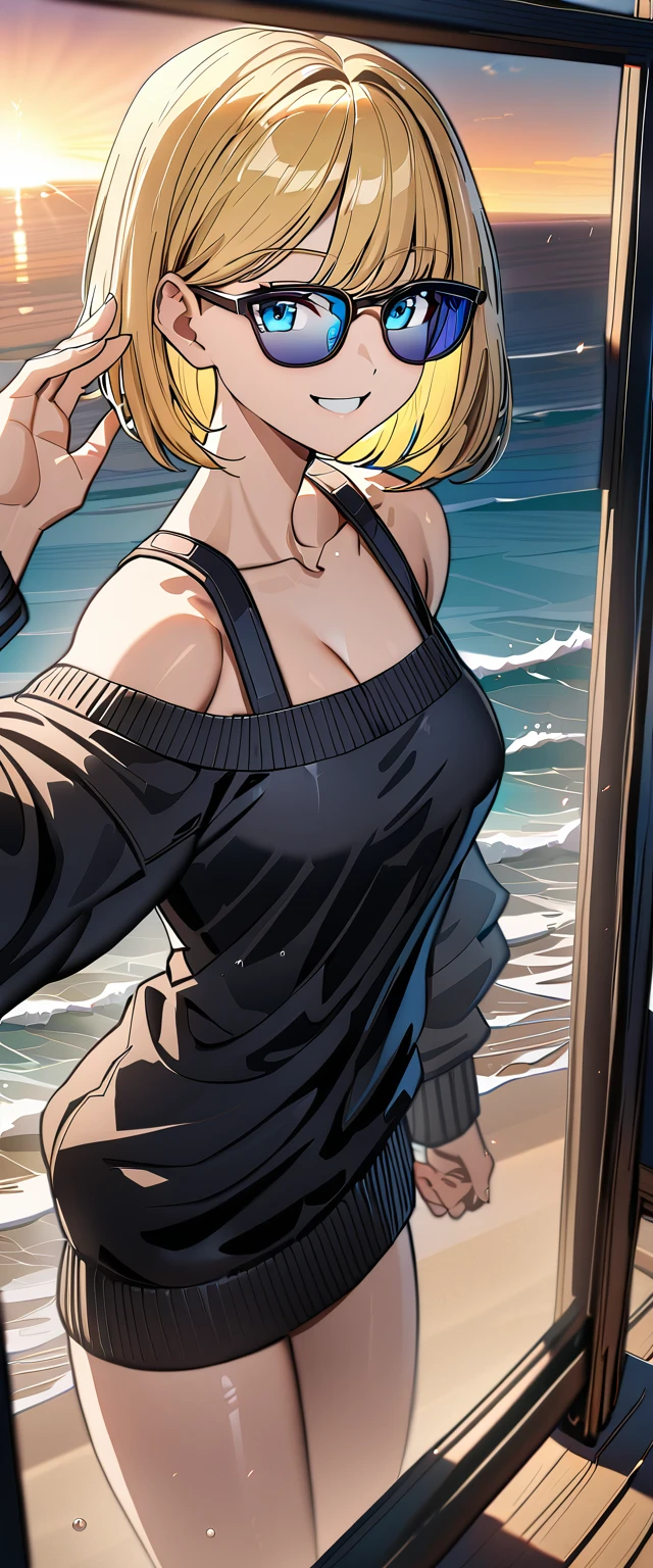 ((sea, beach)), ((from above)), (((sunglasses, hand to sunglasses))), (((cowboy shot))), ((wavy hair, inward curled hair)), evening, ((Sunset)), ((blond hair, bob cut:1.3)), breasts, teenager, (looking at viewer), oversized clothes, puffy long sleeves, ((off-shoulder sweater:1.3, Quite thick shoulder straps)), ((black sweater)), collarbone, head tilt:1.3, (((blue eyes))), ((happy smile)), (((anime style))), (best quality, 4K, 8K, highres, masterpiece:1.2, ultra-detailed, ultra-detailed eyes, HDR, uhd, studio lighting, ultra-fine painting, sharp focus, physically-based rendering, extreme detail description, professional, vivid colors, bokeh)