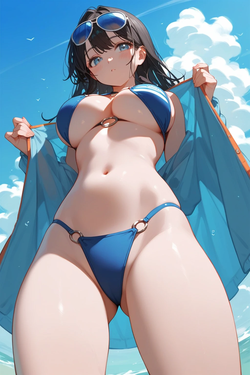 russian girl,  teenager, breasts,1girl,navel,bikini,swimsuit,big breasts,bikini,ass visible through thighs,wide hips, big ass, sky,blush,open clothes,from below,outdoors,o-ring,o-ring bikini,day,1other,long black hair,stomach,blue sky,cleavage,