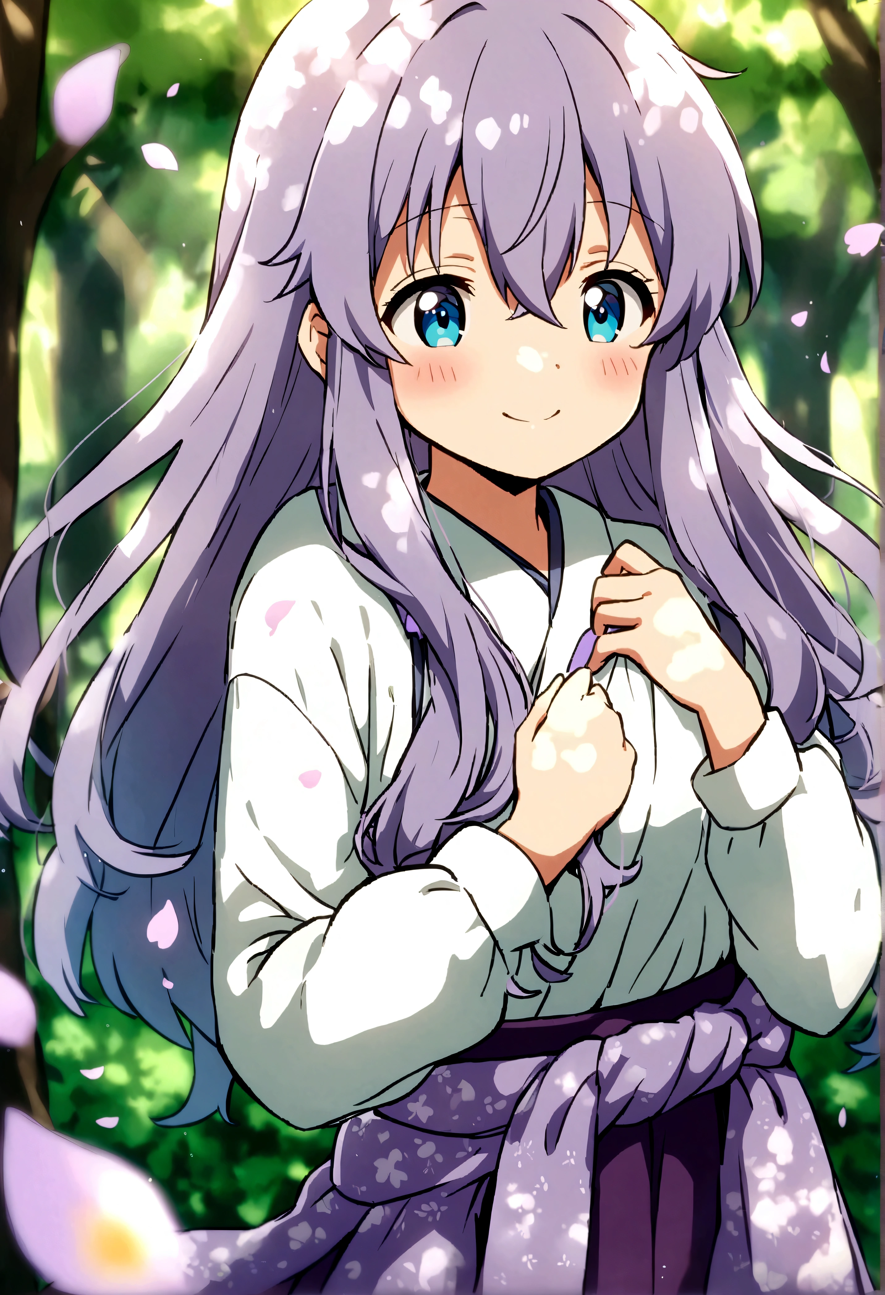 ((solo:1.2)),cute girl in a forest, (dappled sunlight:1.2),blurry,(depth of field:1.1),(petals),tree,butterfly, lavender hair, long hair,  hair in between eyes, long hair locks sliding over chest, aqua blue eyes, , clothes, kimono like white shirt, long sleeves, purple ribbon around waist, purple skirt, smile, blush, cute face, anime girl, adorable, anime style