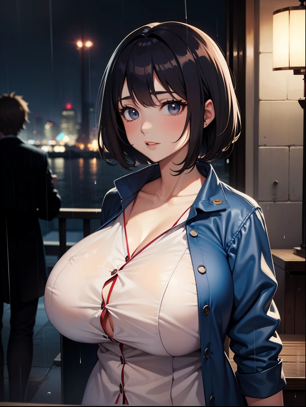 demi realism art,anime,pajamas,rain coat,rainy city,ghost,beautiful middle age lady,sentimental,huge huge huge breasts upperbody style,