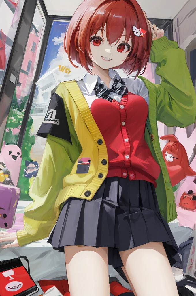 (The ultimate masterpiece), (Ultra HD), (Ultra-fine), High resolution, Ultimate beauty, High chroma, vivid,Girl,(pretty girl), Thighs, (cardigan), (skirt), Super Smile, Red hair,ショートBob，(Bob),Red Eyes ,Small breasts, Cute room，put one&#39;s hand between one&#39;s thighs
