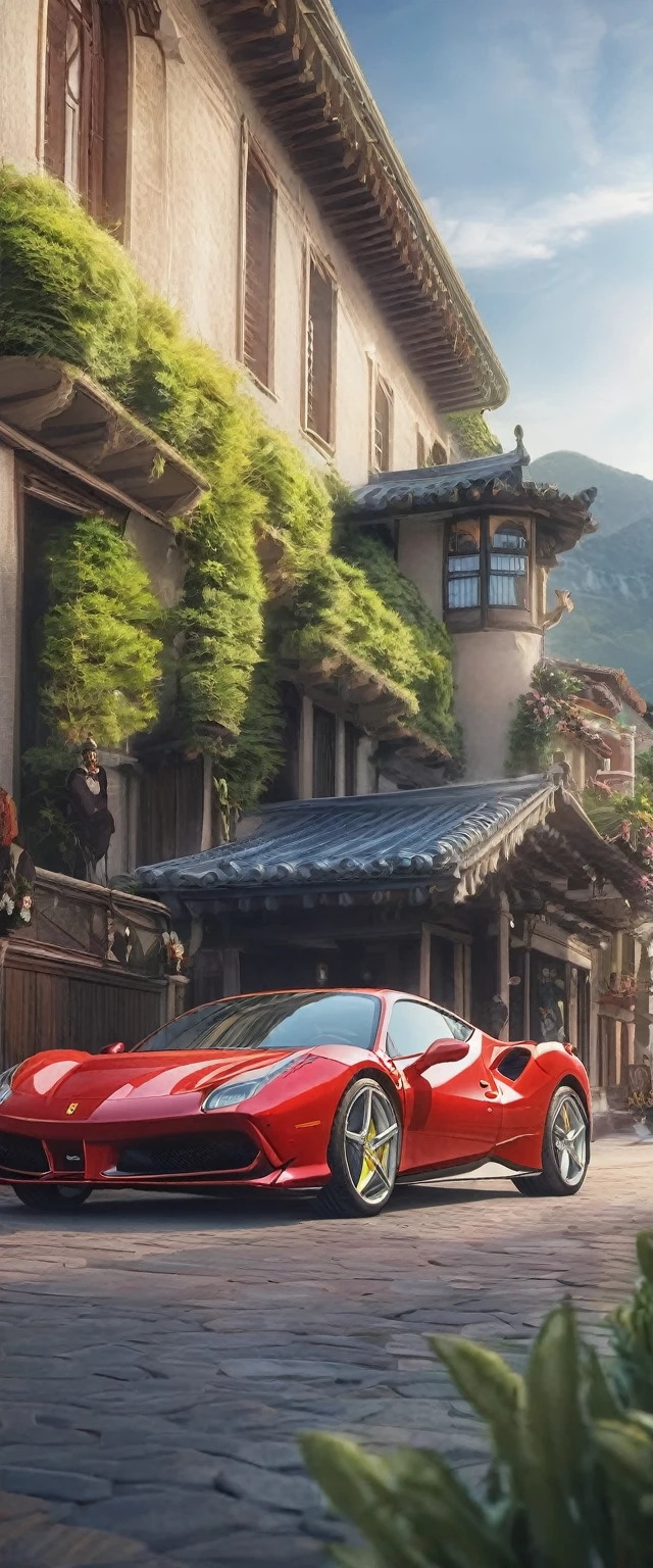 A mesmerizing cinematic masterpiece、Ferrari 488 GTB is full of intricate details and realism.、Embodying the essence of refined yet powerful luxury.。沐浴exist阳光普照的意大利别墅的金色光芒中、Green mountain cypress々exist、car&#39;The iconic red body shines。Carefully crafted aluminum alloy、The iconic prancing horse logo is the highlight.、它代表了这款令人难以置信的car的丰富传统和性能.。This hyper-realistic and highly detailed expression、是对car标志的纯粹美丽和优雅的华丽赞颂。