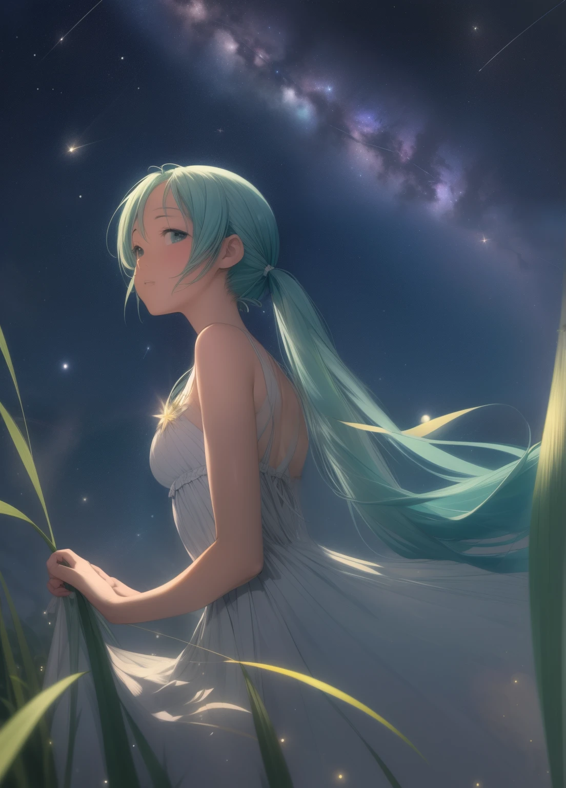 (masterpiece、Highest quality、Highest quality、Official Art、Beautiful and beautiful:1.2)、(One girl:1.3)Hatsune Miku、Twin tails,Beautiful breasts,Starry Sky、milky way、Tanabata、Orihime、Altair、Deneb、altair、Vega、Summer Great Triangle、Looking up at the night sky、grassland、shooting star、Bamboo leaf、Wish on a strip of paper、Night sky full of sky