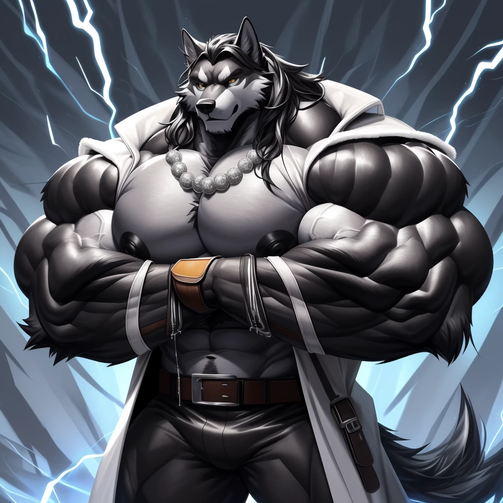 (upload on e621) (Masterpiece) (by Drks) (best quality) (ultra high res) 4K (8k HD) 2D (perfect anatomy) (digital art) (official art) (extreme detailed) (ultra detailed) (strapsanime) color (soft shading) (sharp focus) (forest woods background) 1man black body fur silver belly detailed fluffy fur (ultra detailed face) detailed eyes detailed iris eyes detailed golden yellow eyes (white sclera) black pupils big navel abs bare pectoral (((silver tuft on his chest))) (((huge black shiny ))) black claw nails furry wolf male mature ark black giant bulky muscular body fur giant size canid (((huge muscles))) (((hyper muscles:1.3))) huge pecs (((oversize pecs:1.3))) huge biceps (((giant biceps:1.3))) (((fullbody))) canine canis mammal powerful wolf god wolf male fierce face bwolf anthro solo standing (((wearing black full complete sleeveless long trench coat:1.3))) (((dark black longest flowing length hair:1.3))) (((dark black longest flowing length back fur hair:1.3))) (((dark black longest length hair fur front lay on pecs:1.3))) (((best longest dark black flowing hair:1.3))) (((perfect fingers))) (((five fingers))) dark black hands and fingers (((wearing black and silver fingerless gloves))) (((black arm bands on his biceps))) (((three black arm bands on his forearms))) (((black huge bead necklaces:1.3))) (((black huge longer bead necklaces around neck to pecs:1.3))) (((dark black and silver underside long wolf tail))) (((black long pants with silver lines with belt straps on both legs))) (((silver electricity and wind aura flow entire body))) (((crossed arm pose)))