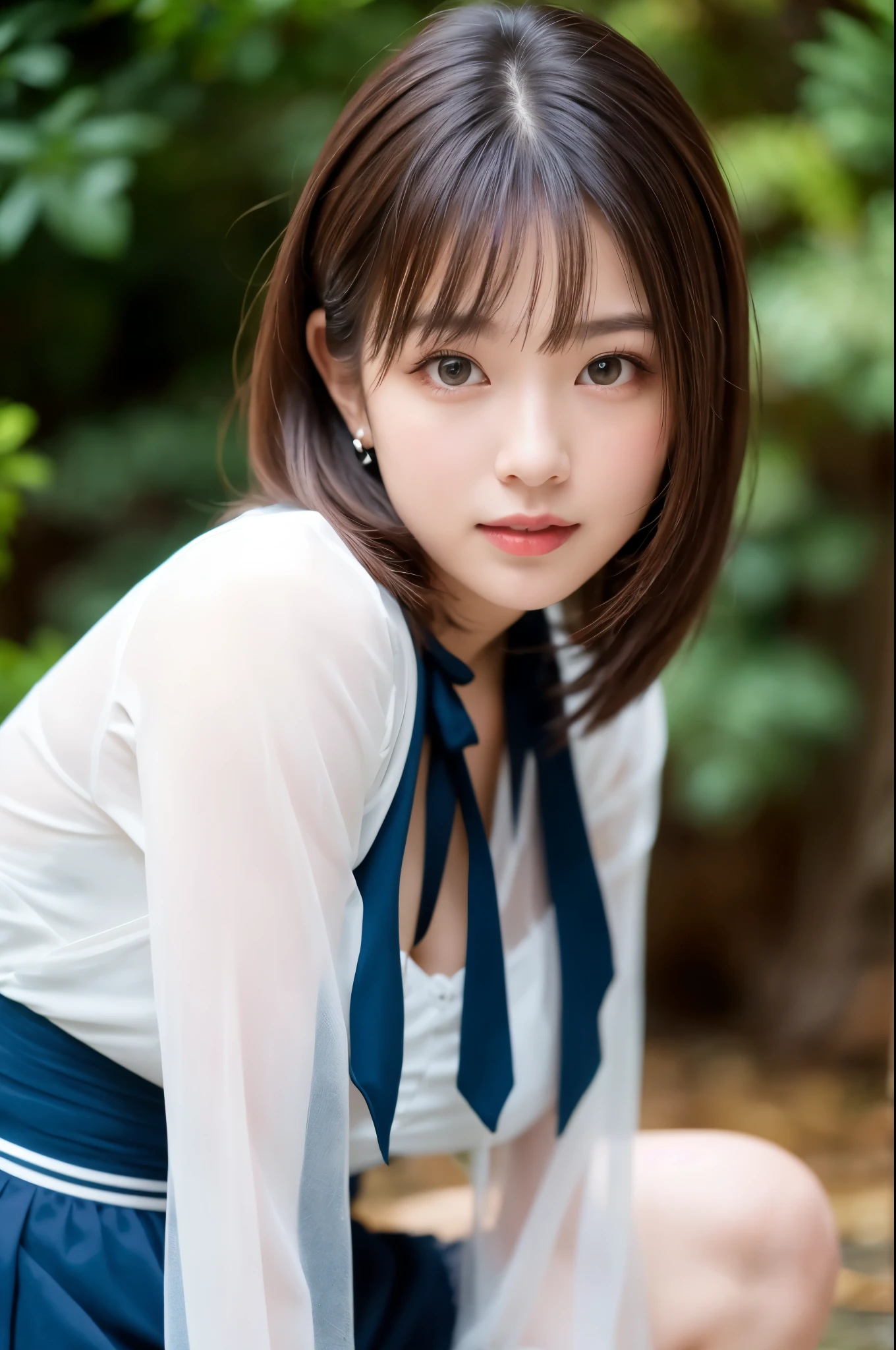 (((masterpiece))), (((Highest quality: 1.4))), ((Super detailed: 1.4)) , ulzzang-6500-v1.1, (RAW Photos:1.2), (Realistic), (See-through:1.3), (masterpiece), (Genuine:1.4), Very detailed, Sharp focus, tensura、Luminous Valentine、One beautiful woman, ((Beautiful and shiny silver hair))、Detailed eyes、Detailed face、赤i、Gothic Lolita Maid Clothing、Knee-length、