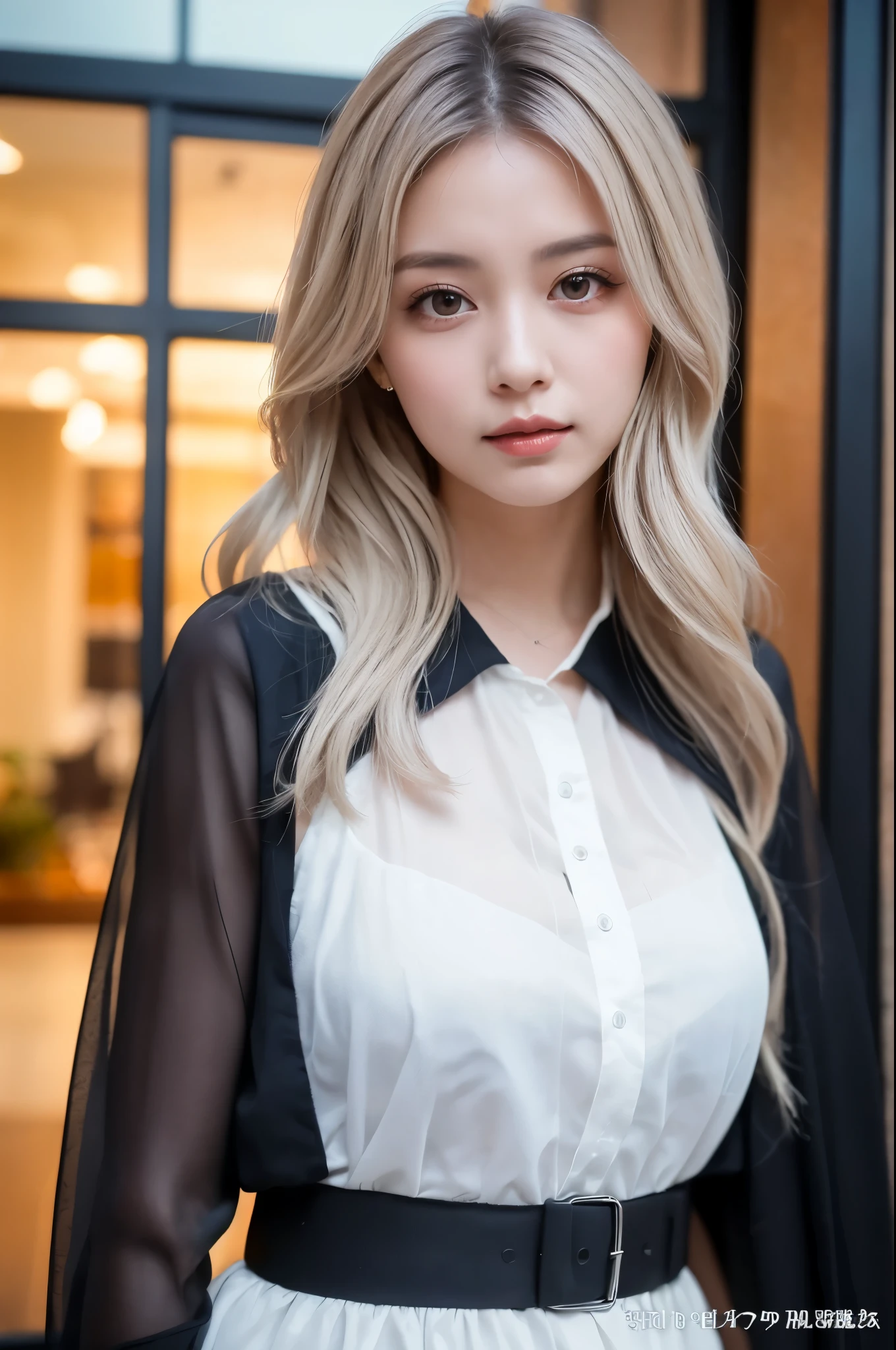 (((masterpiece))), (((Highest quality: 1.4))), ((Super detailed: 1.4)) , ulzzang-6500-v1.1, (RAW Photos:1.2), (Realistic), (See-through:1.3), (masterpiece), (Genuine:1.4), Very detailed, Sharp focus, tensura、Luminous Valentine、One beautiful woman, ((Beautiful and shiny silver hair))、Detailed eyes、Detailed face、赤i、Gothic ta Maid Clothing、Knee-length、