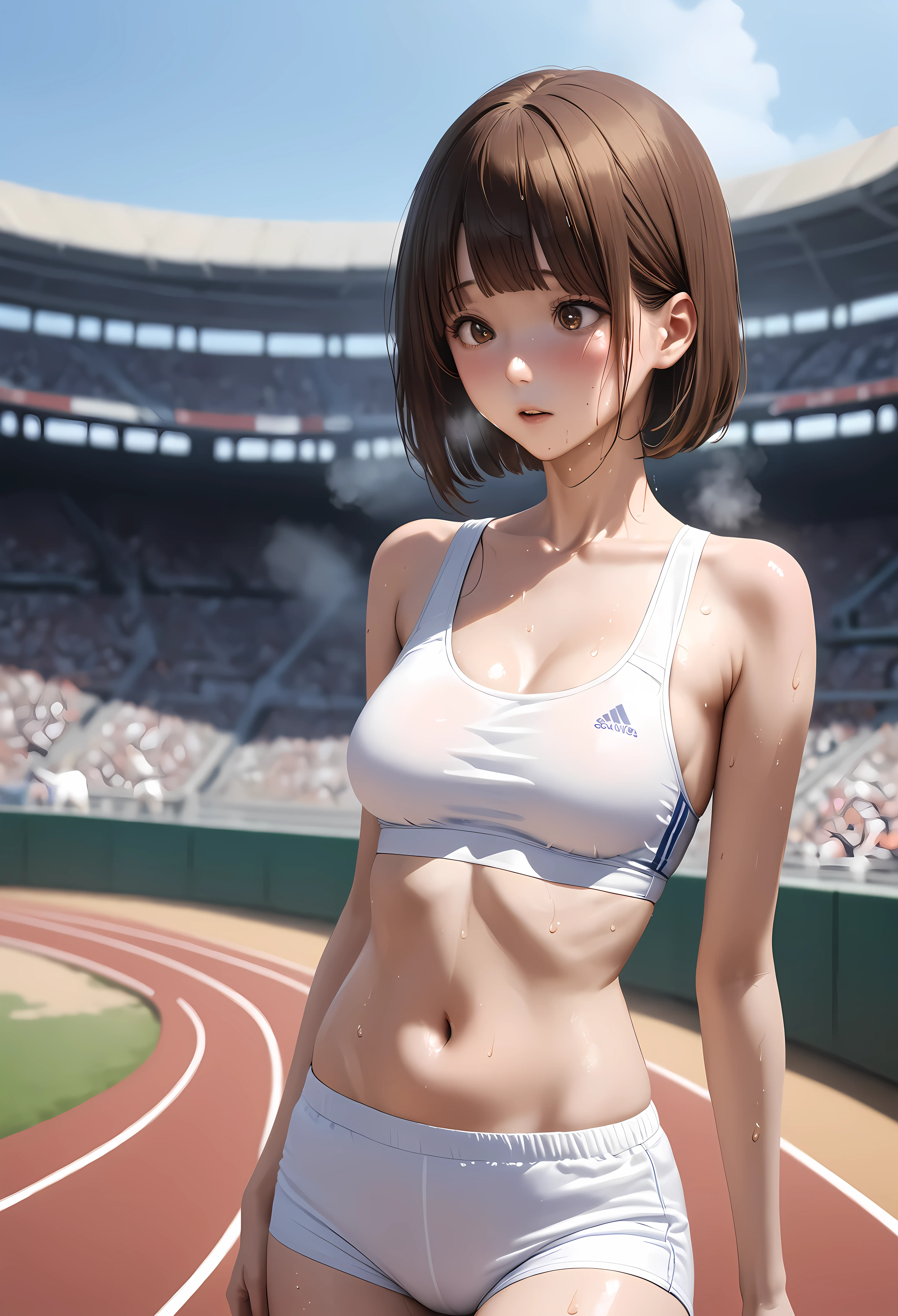 (realistic:1.5、masterpiece,Highest quality:1.3,best quality illustration),cowboy shot,1woman,20 year old Japanese beauty,very small head,(short bob brown hair),bangs,brown eyes,gorgeous eyes,blush,Heavy breathing,medium breasts,((very long body:1.3)),(toned body,slender body,skinny:1.5,White sports bra、navel、White sports shorts),gleaming skin,shiny skin,oily skin,(sweat:1.5),Run,Arena、Tokyo、