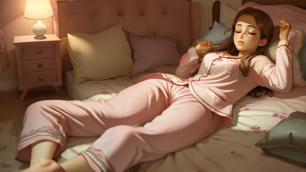 (Bedroom),(Highest quality,Realistic),Sleeping girl,22 years old,Brown Hair,Long trousers,Pink pajamas