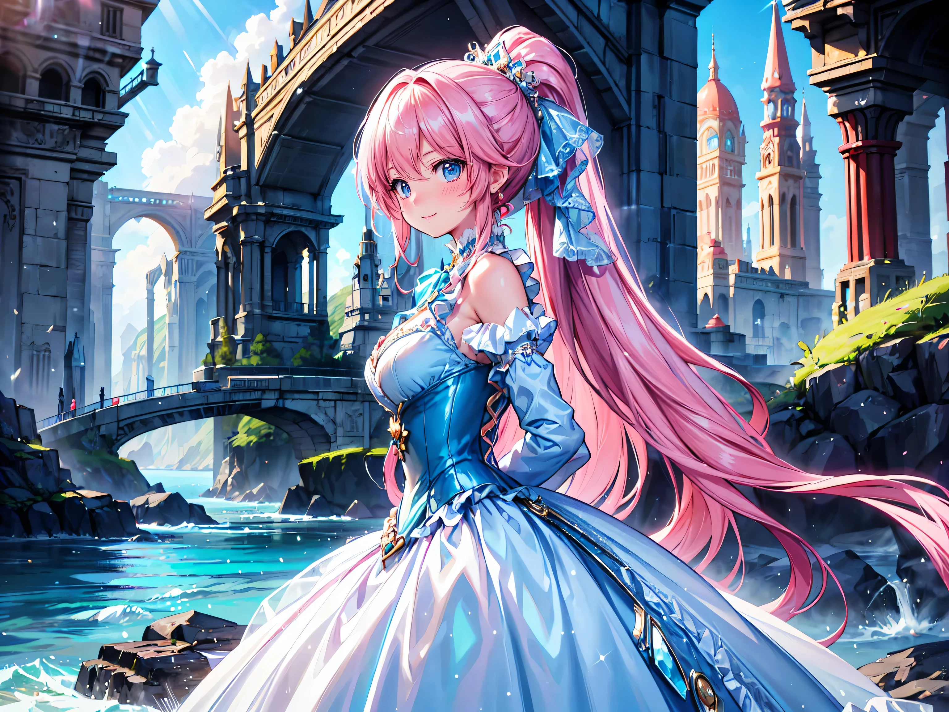(((young face solo Captivating Adorable princess))), (((dress aquamarine dress)))), (((Unsurpassed gorgeous rococo victorian gown with voluminous  hoopskirt and long hems, princess style skirt))), (gown brilliances dazzlingly glitter reflective prismatic transparency gown:1.5), (gown ultra elaborate gown:1.5), (gown  gown:1.5),  (((huge breasts))), breasts focus, breasts cleavage, (hair pink hair:1.3), (((ponytail fluffy long ponytail))), ((Expressive hair)), very voluminous and very long hair, bangs, super delicate and beautiful face, beautiful lips, (hyper detail delicate beautiful eyes blue eyes), hair ornament silver ornament, beautiful smile, ((portrait:1.5, upper body:1.5, arched back:1.8, arms behind back:1.5, dynamic pose:1.5, smile:1.1, looking at viewer:1.5, from side:1.5)), (((Masterpiece, Super detail, top quality, ultra high res, Spectacular Quality, Distinguished Quality, ultra detailed, unity 16k))), (coastal view:1.5), 