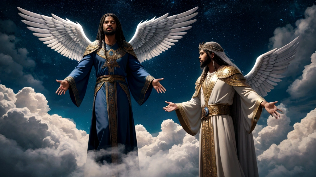"Description: Illustrate a scene depicting the prophetic visions of Isaiah and Ezekiel as described in the Bible. Show Isaiah standing in awe before the throne of God, surrounded by seraphim with wings outstretched, symbolizing his encounter with divine glory. Concurrently, depict Ezekiel's vision of the heavenly creatures and the majestic chariot, emphasizing the awe-inspiring nature of their encounters with God.
Details: Use vibrant colors and dramatic lighting to convey the supernatural and mystical elements of these visions. Incorporate symbolic imagery such as glowing halos, heavenly light piercing through clouds, and intricate details of angelic beings and heavenly creatures. This visual should evoke a sense of wonder and reverence, illustrating the profound spiritual experiences of the prophets and their visions of the afterlife."