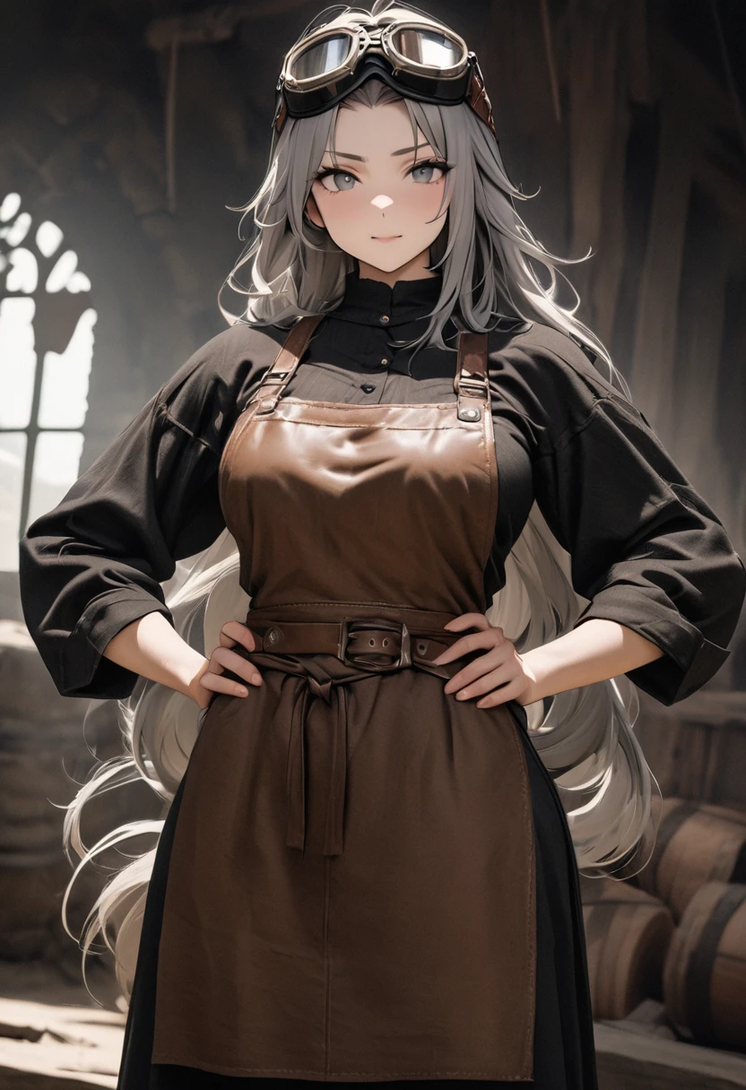 Masterpiece, best quality, high resolution, 8K raw photo. A beautiful medieval blacksmith woman with long, flowing hair and a muscular build. She is wearing a pair of intricately designed goggles on her head. Her attire includes a leather apron and rugged work clothes. She is standing with her hands on her hips, looking directly at the camera with a confident expression. The background is completely gray.