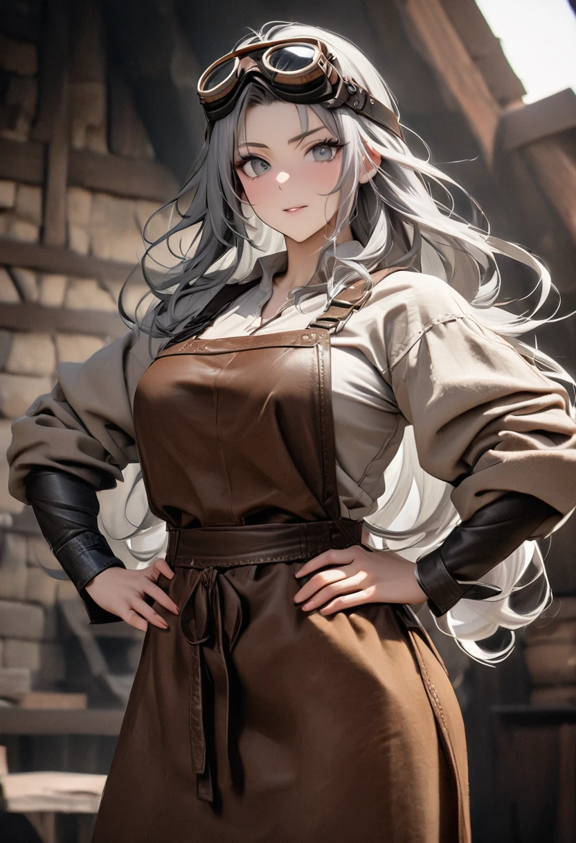 Masterpiece, best quality, high resolution, 8K raw photo. A beautiful medieval blacksmith woman with long, flowing hair and a muscular build. She is wearing a pair of intricately designed goggles on her head. Her attire includes a leather apron and rugged work clothes. She is standing with her hands on her hips, looking directly at the camera with a confident expression. The background is completely gray.