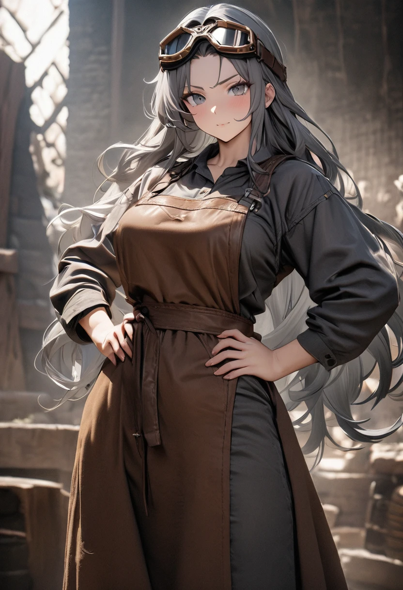 Masterpiece, best quality, high resolution, 8K raw photo. A beautiful medieval blacksmith woman with long, flowing hair and a muscular build. She is wearing a pair of intricately designed goggles on her head. Her attire includes a leather apron and rugged work clothes. She is standing with her hands on her hips, looking directly at the camera with a confident expression. The background is completely gray.