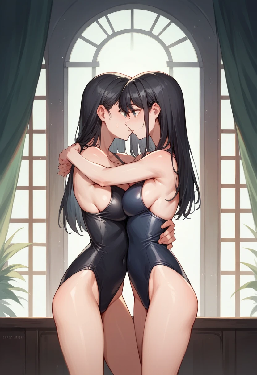 high school girl (( Beautiful breasts / Long black hair/ High-legged black swimsuit /Right facing/Look to the right))　high resolution, No background, background through,upright, 