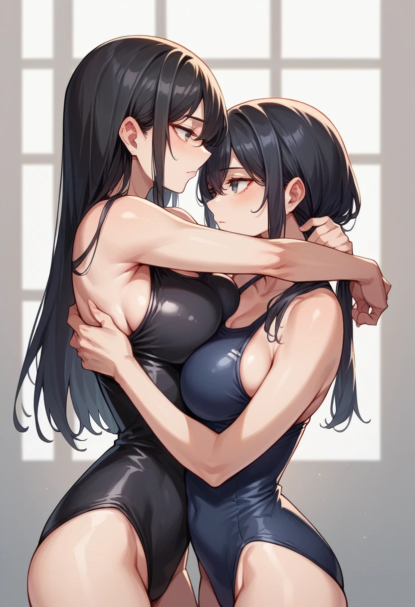 high school girl (( Beautiful breasts / Long black hair/ High-legged black swimsuit /Right facing/Look to the right)) high resolution, No background, background through,upright,