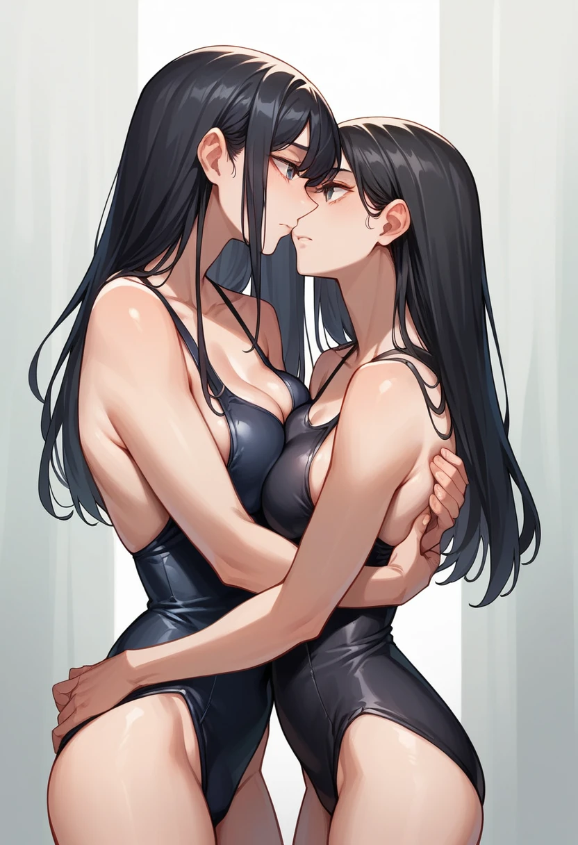 high school girl (( Beautiful breasts / Long black hair/ High-legged black swimsuit /Right facing/Look to the right)) high resolution, No background, background through,upright,