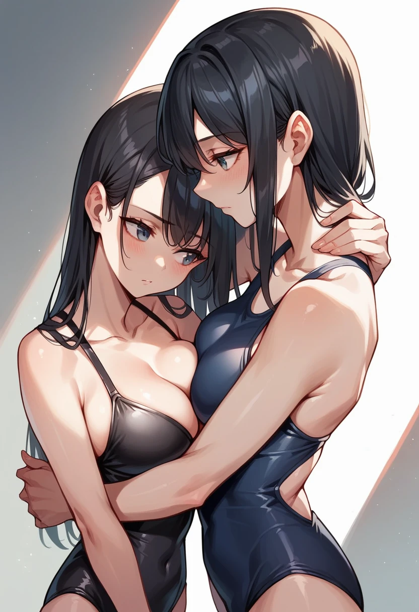 high school girl (( Beautiful breasts / Long black hair/ High-legged black swimsuit /Right facing/Look to the right)) high resolution, No background, background through,upright,