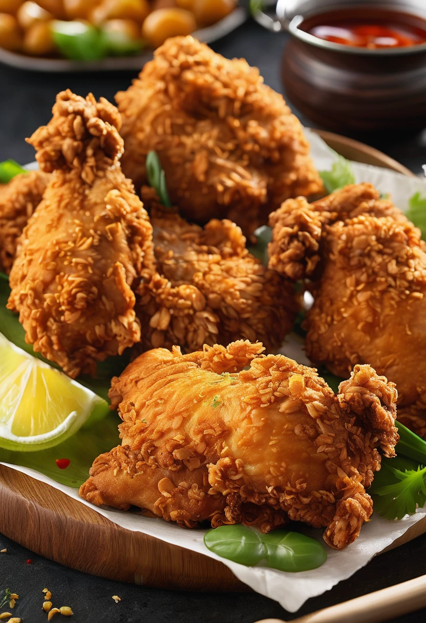 A tantalizing image captures the essence of a sizzling fried chicken dish, radiating an irresistibly appetizing aroma. The golden chicken pieces are perfectly crispy, its surface adorned with a brilliant shine. Wisps of steam rise, carrying the rich fragrance of well-seasoned and expertly fried chicken, tempting anyone nearby with the promise of a delicious and flavorful dining experience.