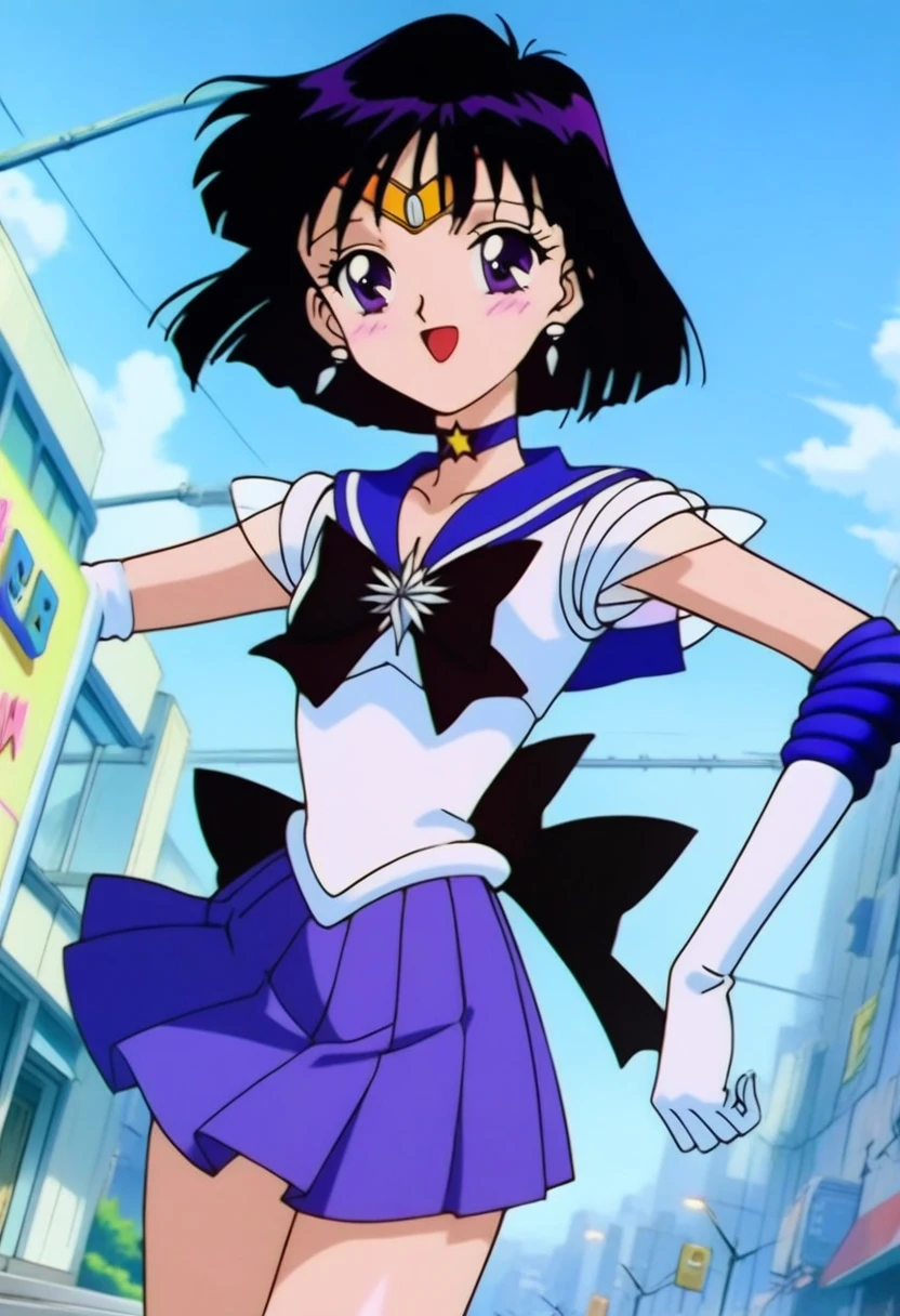 masterpiece, best quality, very aesthetic, absurdres, Sailor Saturn XL, 1990s \(style\), anime artwork, anime style, perfect face, perfect composition, moist skin, intricate details, beautiful detailed eyes, BREAK 1girl, solo, teen, short hair, black hair, purple eyes, flat chest, skinny, sailor senshi uniform, purple sailor collar, tiara, earrings, jewelry, star choker, bowtie, back bow, star brooch, white elbow gloves, purple miniskirt, shiny clothes, looking away, smile, blush, open mouth, cameltoe, pose, white leotard, (pantyshot:1.2), wind lift, outdoors, city, blue sky, wind, dutch angle,