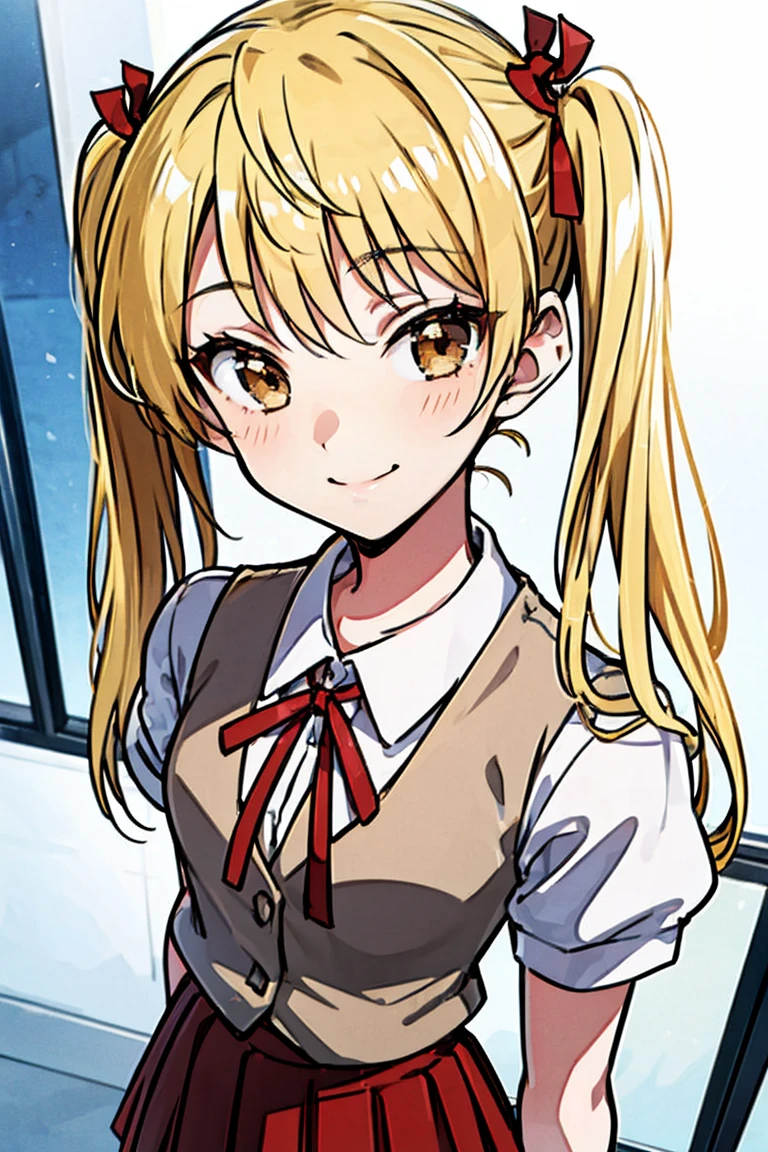 solo,1 girl,long hair ,blonde hair，portrait,twintail,sawachika eri, twintails, long hair, blonde hair, brown eyes, hair ribbon，chibi,cute,smile, hair ribbon,school uniform, red pleated skirt,eri