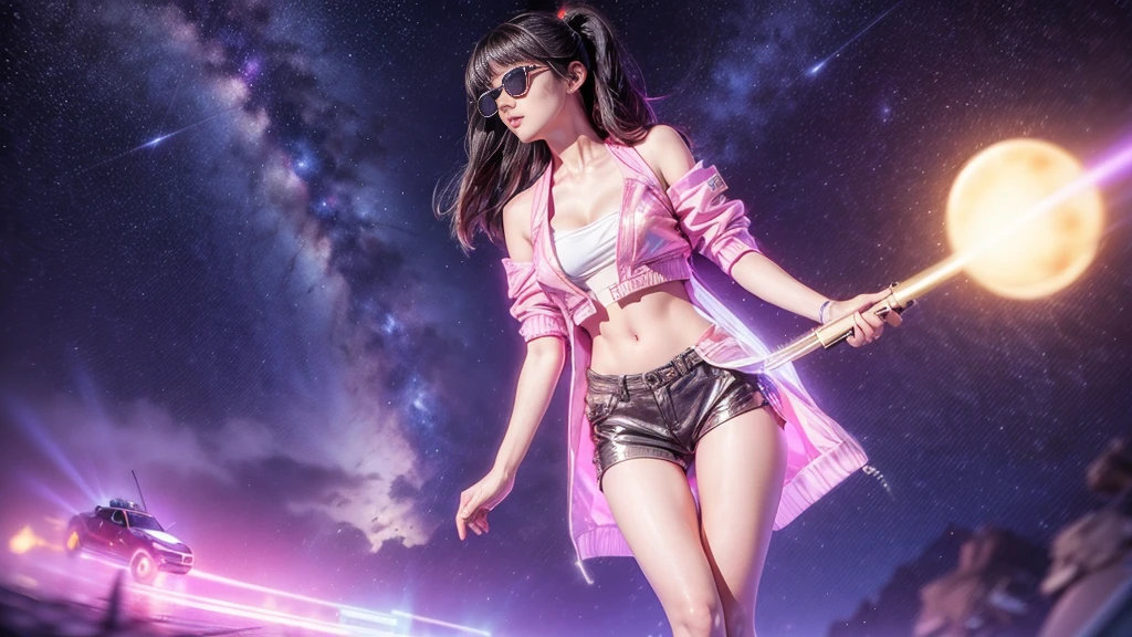 8k, Realistic Skin Texture, Realistic Photo, Neo Tokyo, slim women, large-breast:1.4 cleavage:1.3, AD2050 at night, Dirty hunting jacket, Wearing tube top, miniskirt, (((black sunglasses, automatic rifle, sneakers, cold, shooting pose, very low angle view))), Innovative composition, revenge, cyberpunk, blade runner worldview, Large neon sign, Geisha hologram sign, Strong Wakamoto Sign.