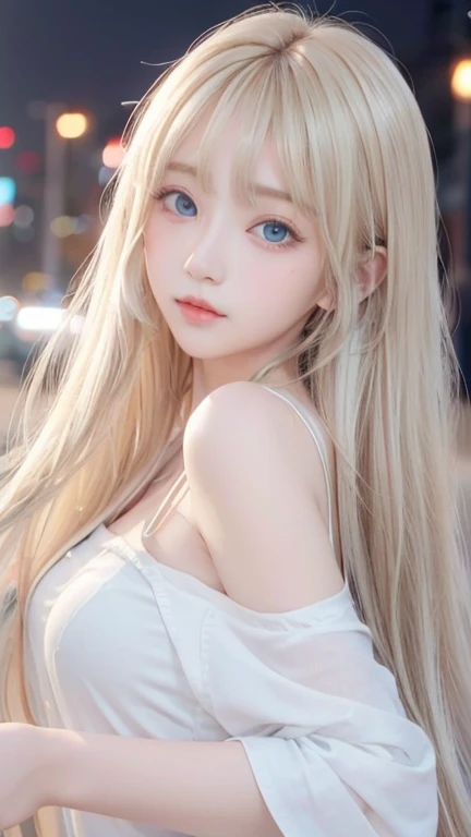 Golden shiny hair、Super long straight silky hair、Dazzling blonde super long silky hair、16 years old cute little beautiful face、A beautiful girl、Sparkling blonde dancing in front of a pretty face、Long, silky bangs that cover the space between the eyes、Very beautiful, bright, large, light blue eyes、Very big eyes、Hair that hides the face、Sexy pretty young woman with super long bangs、Very white skin、Cheek gloss highlighter、Small Face Beauty、Round face、Cute Shirts、Ample Bust