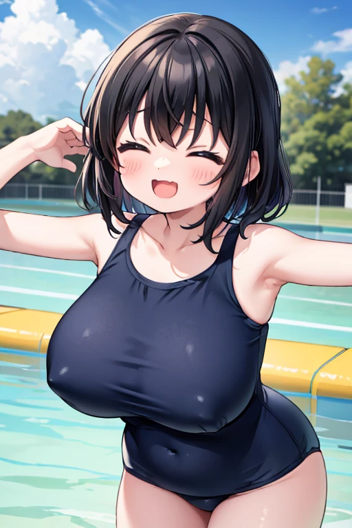 School Swimsuit、、Short、Very large breasts、Huge breasts、whole body、Close your eyes and laugh、Open your mouth、Black Hair、美しいrefer to、refer to