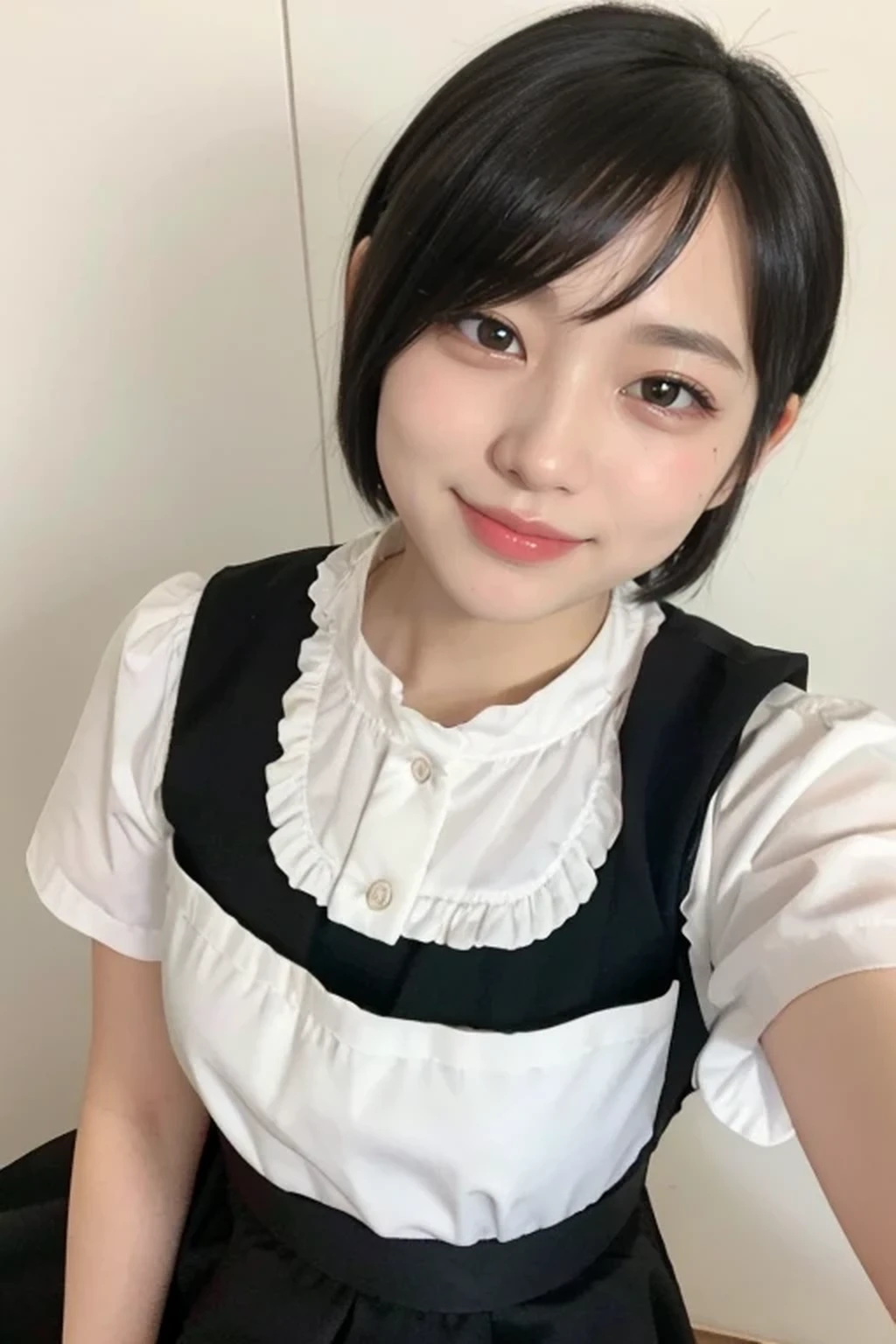 maid, maid clothes,maid apron, maid headdress,frilled skirt, one girl, 14 years old, 8k, RAW photo, best quality, masterpiece, realistic, photo-realistic, clear, professional lighting, BREAK, no makeup face, smile, (short cut hair:1.2), black eyes, black hair
