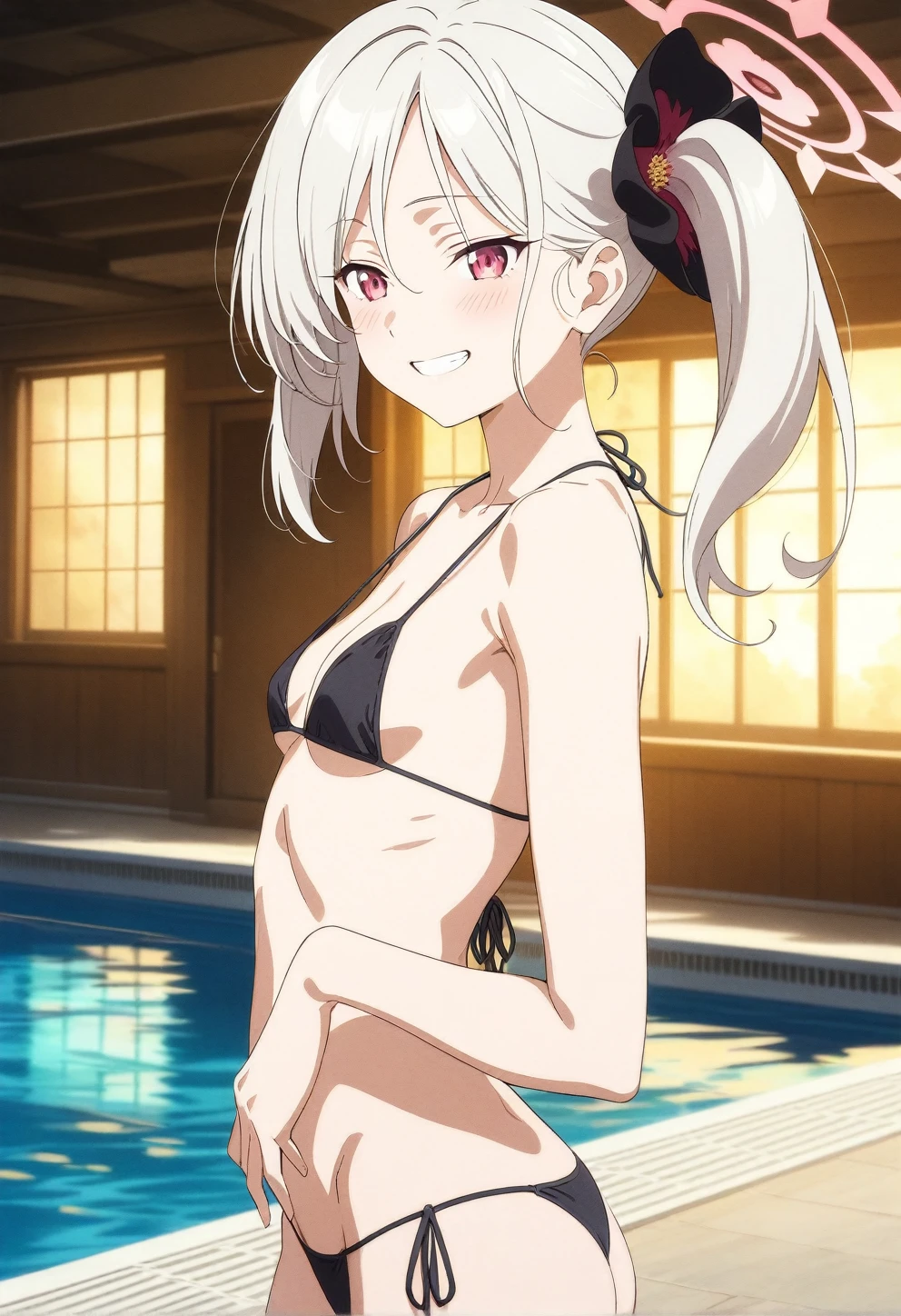 best quality, amazing quality, very aesthetic, absurdres, (1girl, mutsuki, blue archive, solo, red eyes, white hair, side ponytail), (realistic face:0.9),(string bikini:1.8),dress lift, (grin, blush, thigh:1.3), (cowboy shot), (glowing eyes), (half closed eyes:0.9), (from side:2), (official art:1.3), (pool), expressive eyes, perfect face, 4k, extremely detailed anime illustration, extremely detailed eyes, perfect anatomy, light rays, extremely delicate body, smooth skin, (anime background:1.5), clear eyes, beautiful face, small breasts,(anime style:1.7), (Warm Light:1.5), (highres:2),