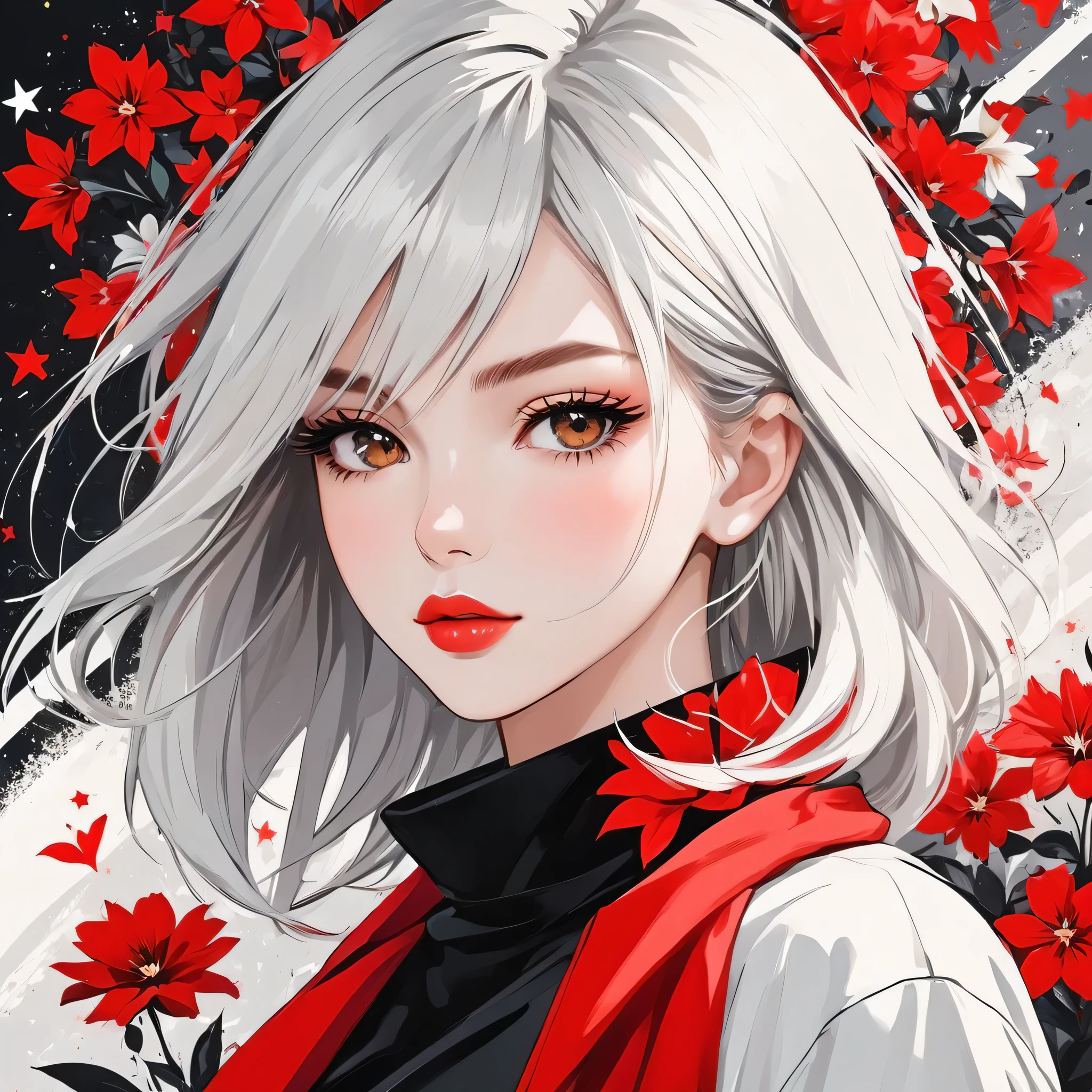 Black Star Red and White style, Simple Line Initialism,Abstract art,Urban Background, colorful flowers ,(((The most beautiful girl of all time))), Sweet face, Lips in love