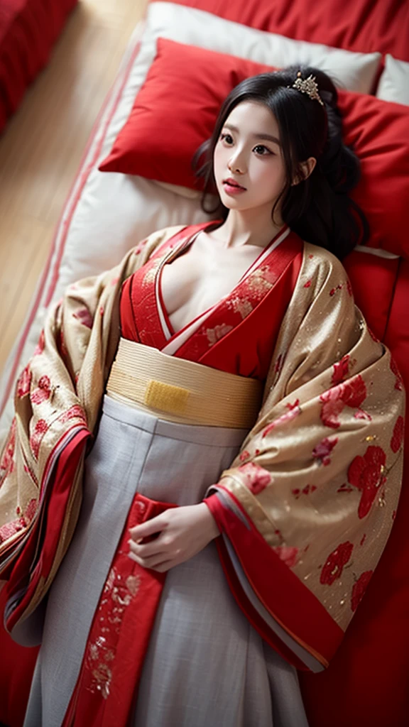 8K　Historical drama style　Beautiful slender Japanese child princess with long black hair　Gorgeous embroidery, Ultra glossy, She is wearing a shiny Heian period princess kimono.　She exposes her nipples and squeezes out breast milk on the futon