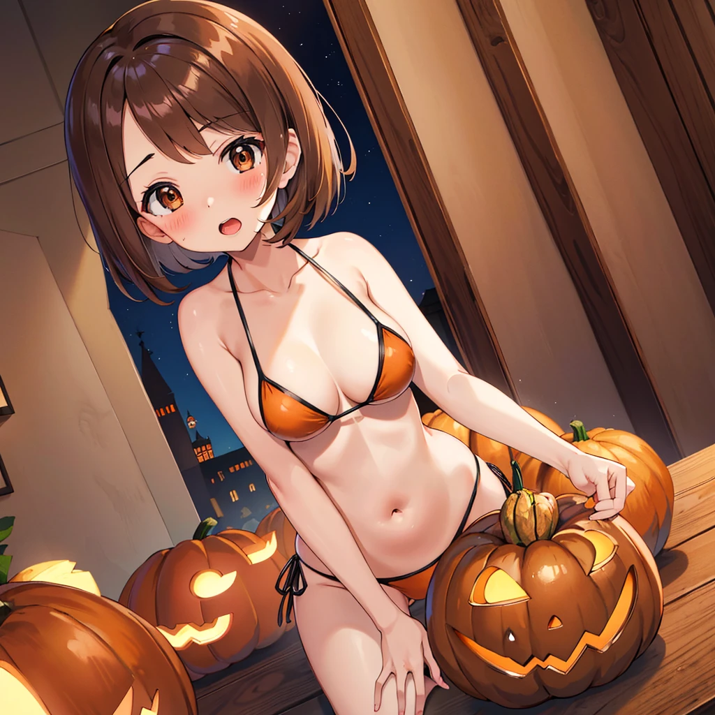 masterpiece, Highest quality, High resolution, Gloria1, 1 Girl, Gloria\(Pokémon\), Brown Hair, , Brown Eyes, , Short Hair, , Bobcut, bangs, , 1Describe a girl carefully 1Girl Expression in love blush Open Mouth blush pumpkin Sexy Pumpkin Bikini Halloween In town