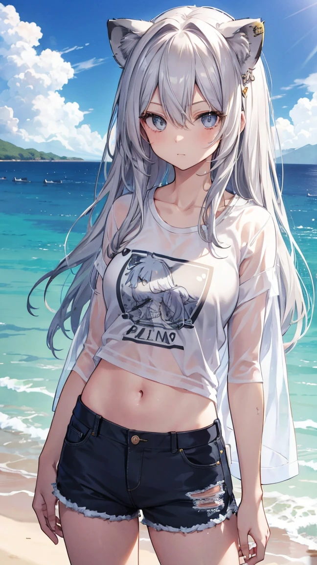 High resolution、Girl、Silver Hair、Long Hair,(),Lion ears、Grey Eyes、Slender、Toned body,,Aloha Shirt,Ocean,Tattoo,