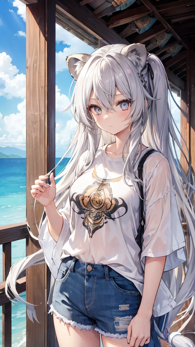 High resolution、Girl、Silver Hair、Long Hair,(),Lion ears、Grey Eyes、Slender、Toned body,,Aloha Shirt,Ocean,Tattoo,