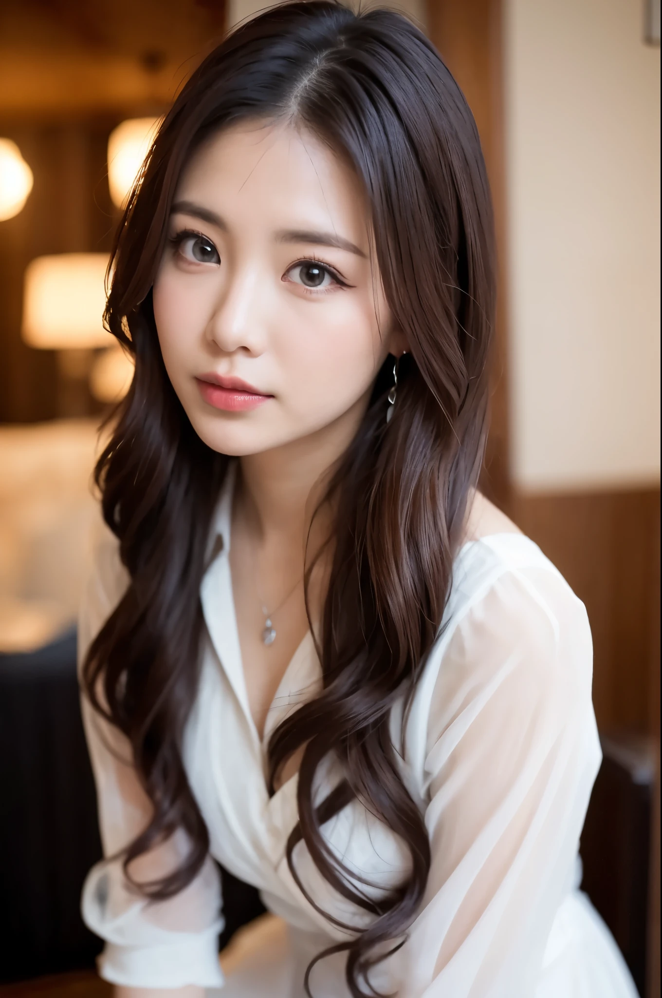 (((masterpiece))), (((Highest quality: 1.4))), ((Super detailed: 1.4)) , ulzzang-6500-v1.1, (RAW Photos:1.2), (Realistic), (See-through:1.3), (masterpiece), (Genuine:1.4), Very detailed, Sharp focus, tensura、Luminous Valentine、One beautiful woman, ((Beautiful and shiny silver hair))、Detailed eyes、Detailed face、赤i、Gothic Lolita Maid Clothing、Knee-length、