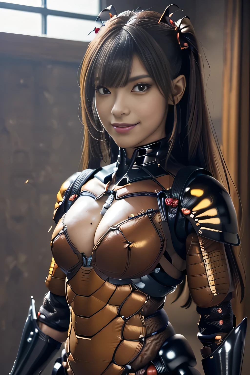 (high resolution,masterpiece,best quality,extremely detailed CG, anime, official art:1.4), realistic, photo, amazing fine details, all intricate, gloss and shiny,awesome many layers, 8k wall paper, 3d, sketch, kawaii, illustration,( solo:1.4), perfect female proportion,villainess, (fusion of dark brown cockroach and lady:1.4), (brown cockroach form lady:1.2), (brown cockroach lady:1.2), (fusion:1.2), (solo:1.4), (evil smile:1.2), muscular, abs, (cockroach brown exoskeleton bio insect suit:1.4), (cockroach brown exoskeleton bio insect armor:1.2), (brown transparency cockroach wing:1.4), (brown cockroach antennae:1.3),