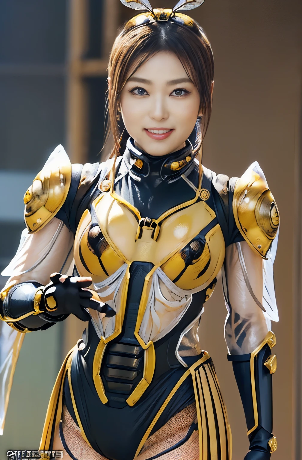 (high resolution,masterpiece,best quality,extremely detailed CG, anime, official art:1.4), realistic, photo, amazing fine details, all intricate, gloss and shiny,awesome many layers, 8k wall paper, 3d, sketch, kawaii, illustration,( solo:1.4), perfect female proportion,villainess, (fusion of queen bee and lady:1.4), (queen bee form lady:1.2), (queen bee lady:1.2), (fusion:1.2), (solo:1.4), (evil smile:1.2), muscular, abs, (queen bee exoskeleton bio insect suit:1.4), (queen bee exoskeleton bio insect armor:1.2), (brown transparency queen bee wing:1.4), (brown queen bee antennae:1.3), big breasts