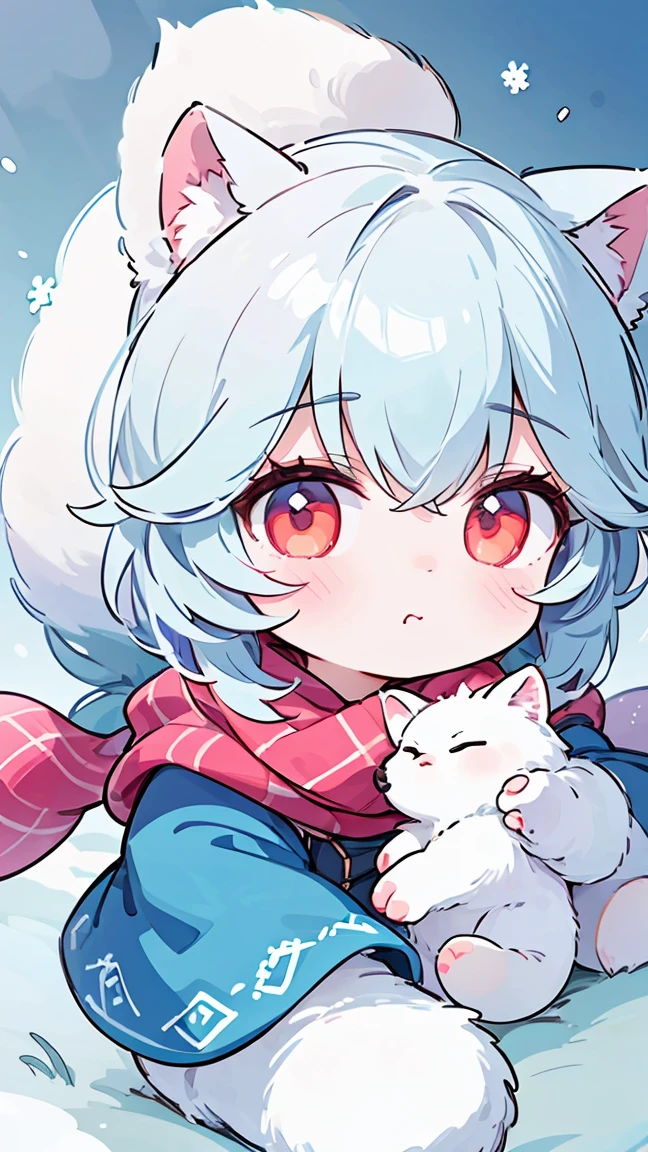 A highly detailed portrait of Ismail Inchoglu, with a majestic antelope, featuring the artistic styles of James Jean, Anatoly Fateev, and Hayao Miyazaki, showcasing a fluffy, adorable Arctic fox wearing a Style-SylvaMagic scarf in the snowy landscape, in a vibrant, striking Chibi-esque artstation quality 8K digital artwork, with a warm, saturated color palette and a masterful, charming aesthetic.