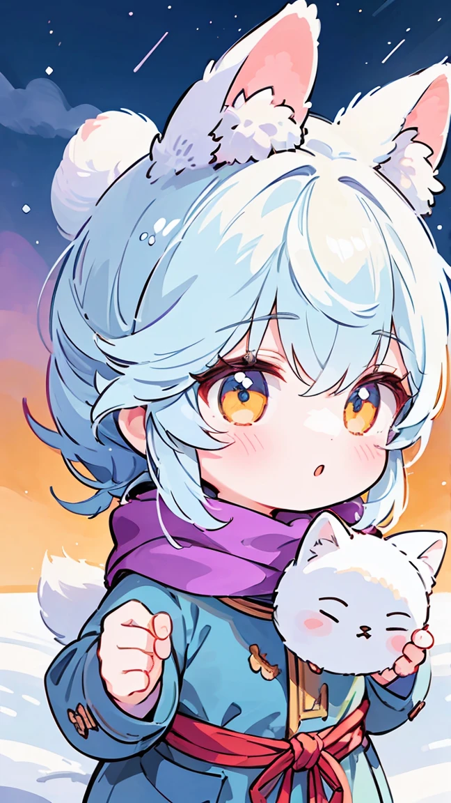 A highly detailed portrait of Ismail Inchoglu, with a majestic antelope, featuring the artistic styles of James Jean, Anatoly Fateev, and Hayao Miyazaki, showcasing a fluffy, adorable Arctic fox wearing a Style-SylvaMagic scarf in the snowy landscape, in a vibrant, striking Chibi-esque artstation quality 8K digital artwork, with a warm, saturated color palette and a masterful, charming aesthetic.