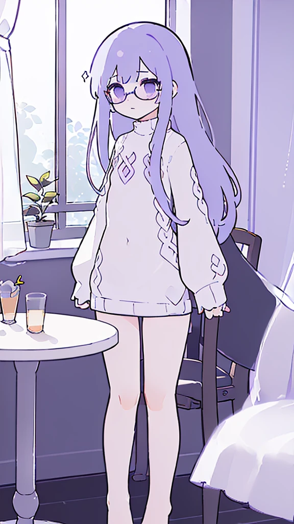 (flat:1.5),(cafe, window, sunlight, table, chair, sedentary:1.5) (BIG ASS, thick thighs:0.7), (warm light source:1.2), intricate details, volumetric lighting, Realism BREAK(masterpiece:1.2), (top quality), 4K, ultra detail, (Dynamic configuration:1.4), Very detailed and colorful details,(rainbow colors:1.2), (shining lights, atmospheric lighting), dreamy, magical, (alone:1.2), intricate details, cheeky expression, (medium chest:1.5), (Black eyes with a slight purple tint:1.5), (a devastated expression, dead eyes, dark atmosphere:1.5), (Very white and long hair with a bluish tint, weak perm:1.5), (Overfit:1.5), (white clothes without any decoration, A white sweater long enough to cover the buttocks, very baggy sweater, sweater that reaches down to the thighs, bare foot, round-rimmed glasses:1.5), (slim:1.1), (quiet eyes, no passion:1.5),(human ear,thin legs:1.5),(chair에 sedentary, diagonal shot:1.5)