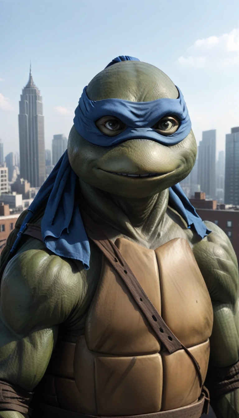 close-up, TMNTLeonardo, a teenage mutant ninja turtle, wearing blue bandana mask with eye-holes, standing on a city rooftop during the day, skyscrapers and rooftops and day sky in the background, 