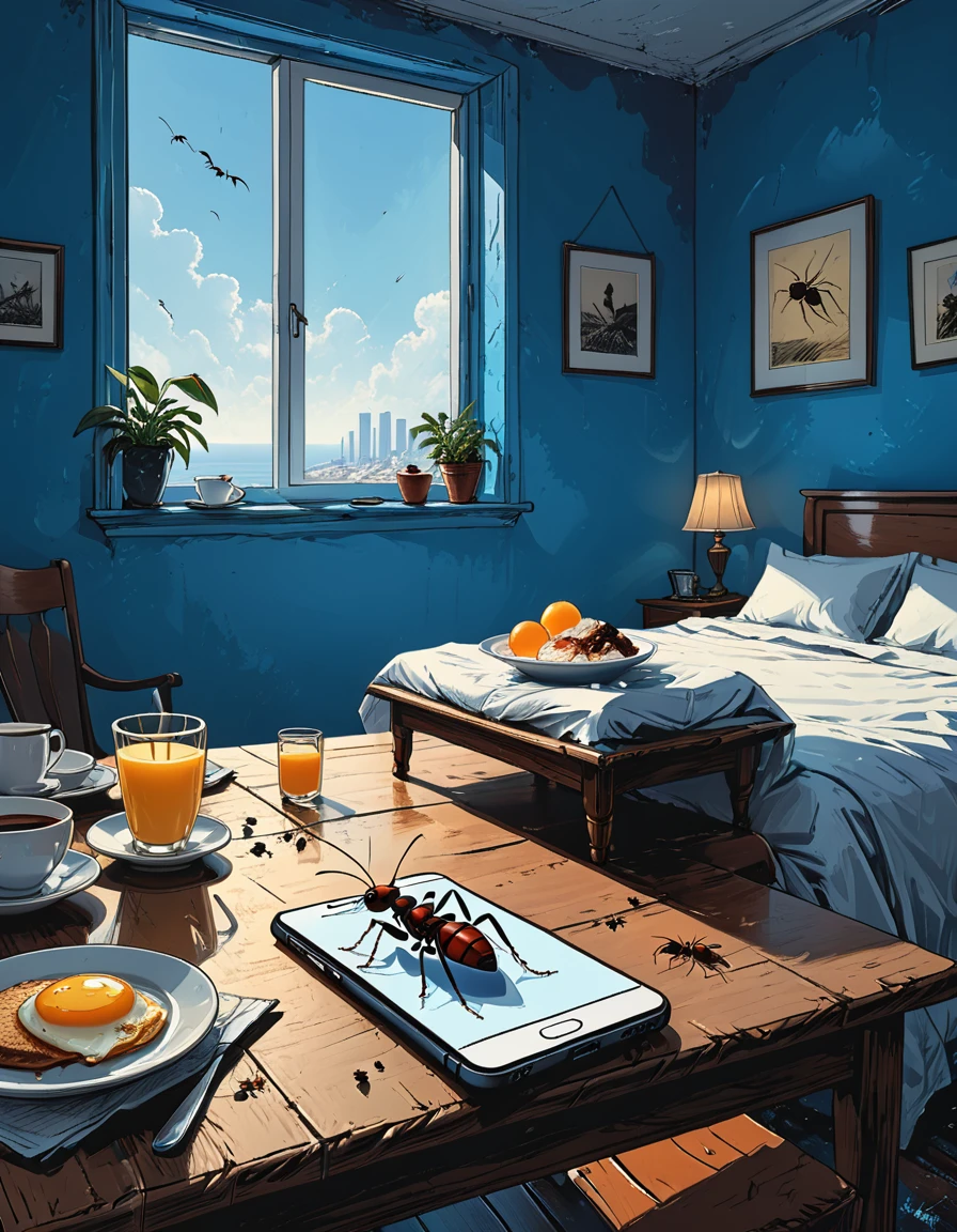 ant on the table in the bedroom, blue walls, smartphone, breakfast, a lot of ants, graphic style of novel comics,dark novel, 2d, 8k, hyperrealism, masterpiece, high resolution, best quality, ultra-detailed, super realistic, Hyperrealistic art, high-quality, ultra high res, highest detailed, lot of details, Extremely high-resolution details, incredibly lifelike, colourful, soft cinematic light,