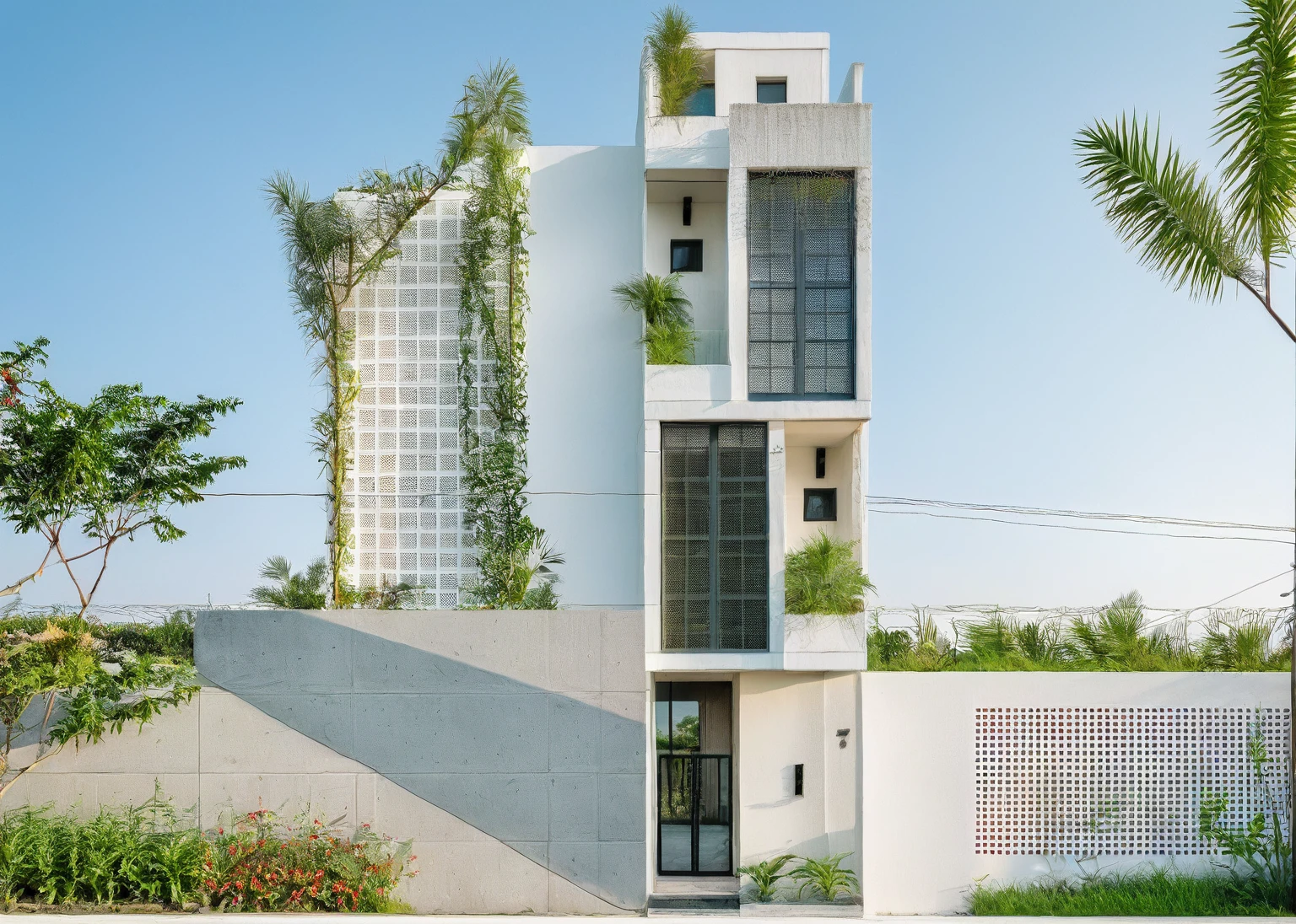 Raw photo,Masterpiece, high quality, best quality, authentic, super detail, exterior, outdoors,Tuonghoagio,house, modern stytle, on the street,wind flower wall, glass windows, white wall,gate, metal railing road,pavement, grass, trees, blue sky, wall climbing plant , (daylight:1.1), ((realistic photo))