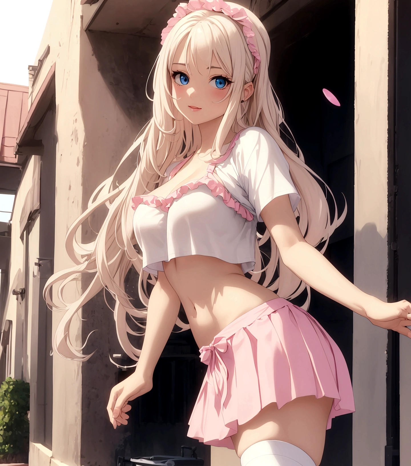 beautiful, (masterpiece:1.2), (best quality:1.2), Beautiful 20-year-old white girl with blue eyes, long swept-back straight blond hair, Happy and posing , Pink and white frilly miniskirt, pink cropped tshirt, under boob, triple D cup breasts, bubbly asspink socks, white sneakers, California City background, daylight,