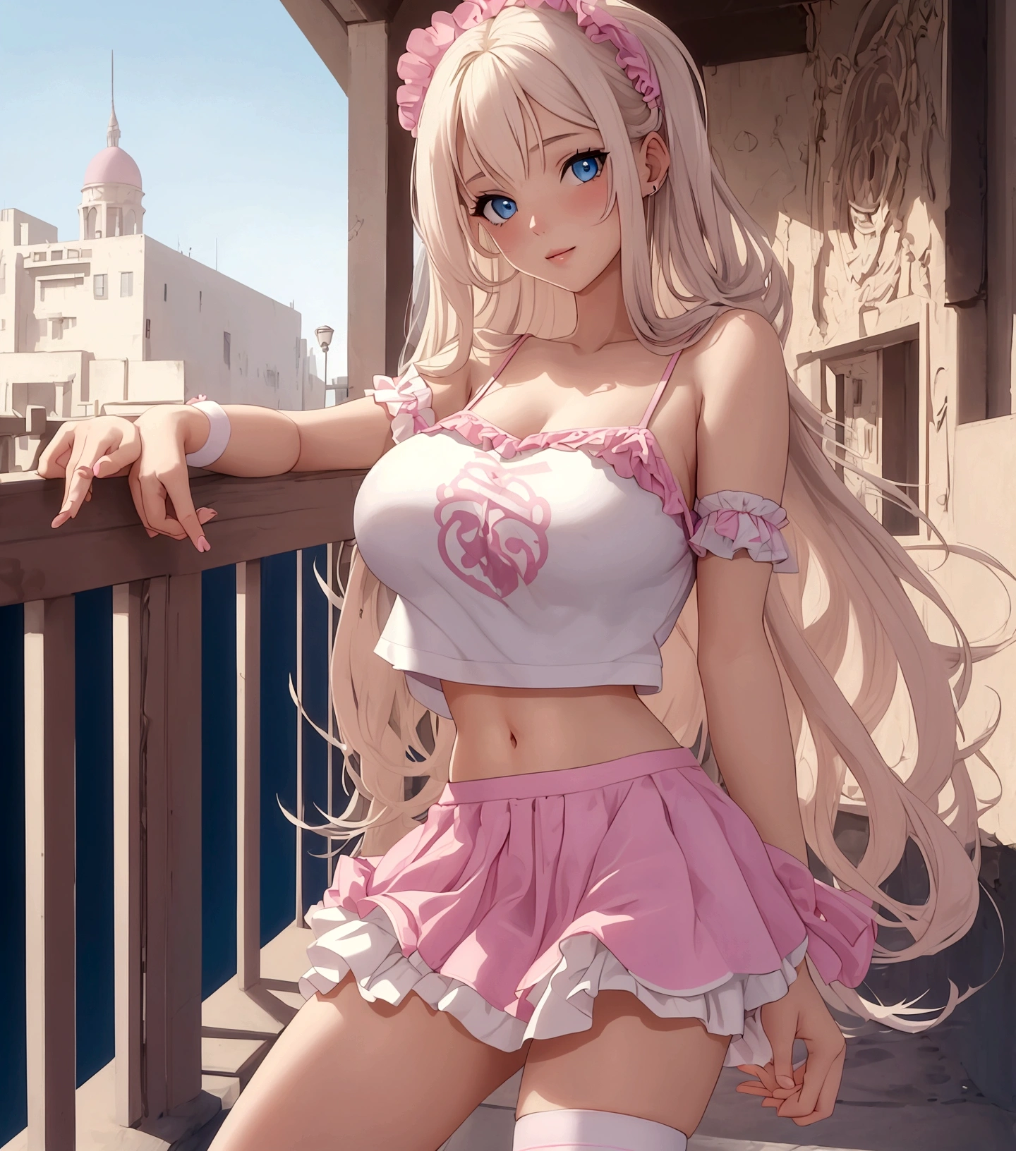 beautiful, (masterpiece:1.2), (best quality:1.2), Beautiful 20-year-old white girl with blue eyes, long swept-back straight blond hair, Happy and posing , Pink and white frilly miniskirt, pink cropped tshirt, under boob, triple D cup breasts, bubbly asspink socks, white sneakers, California City background, daylight,