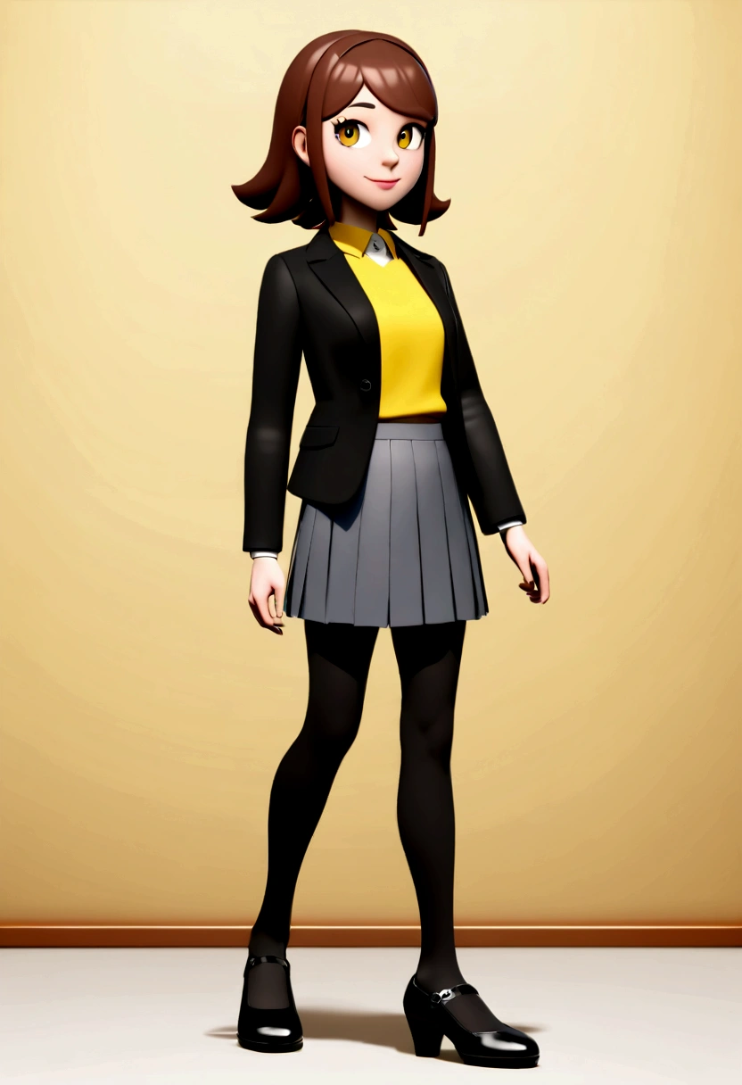 A photo of Ligia Travensolo, a Disney Pixar 3d style character, based on the movie Inside Out, she is short, is a older woman, is a french teacher, has light skin and shoulder-length dark brown hair, and brown eyes. She is wearing a black blazer over a mustard yellow top, paired with a grey skirt and black tights and low heel black shoes. Looking at the camera.