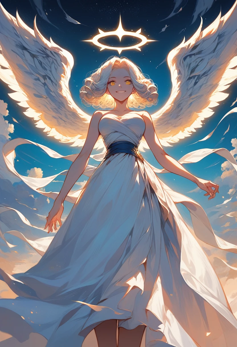 score_9, score_8_up, score_7_up, masterpiece, best quality, 1girl, glowing, angel, white hair, long white gown, jelweries, intricate gown, heavenly gown, long wide sleeeves, waist sash, angel wings, full lenth skirt, long sleeeves, glowing, yellow eyes, curvy, curly hair, flowing hair, low angle view, cowboy shot, sky background, medium breasts, beautiful sky, clouds, starry sky, angel halo, jelweries, hand on dress, dark blue sky, glowing:1.2, smile, anime